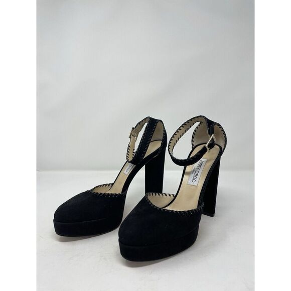 JIMMY CHOO Daphne Platform Heels Women 40 Ankle Strap Black Suede Leather - Picture 11 of 14